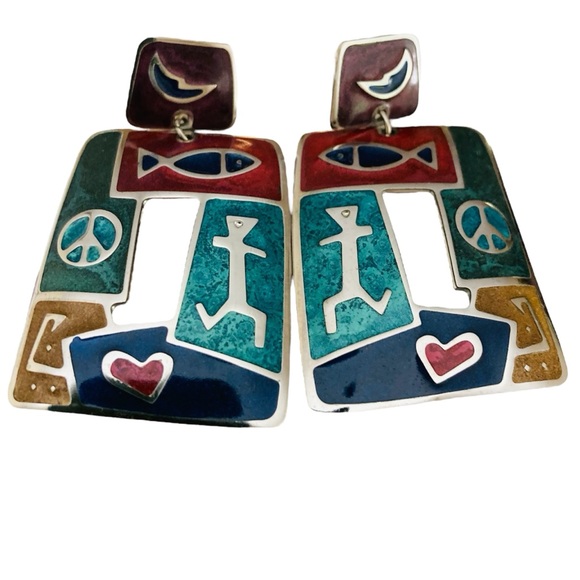 Edgar Berebi Enamel Dangle Stud Earrings Silver Tone Fish Man Peace Sign Heart - Picture 2 of 11